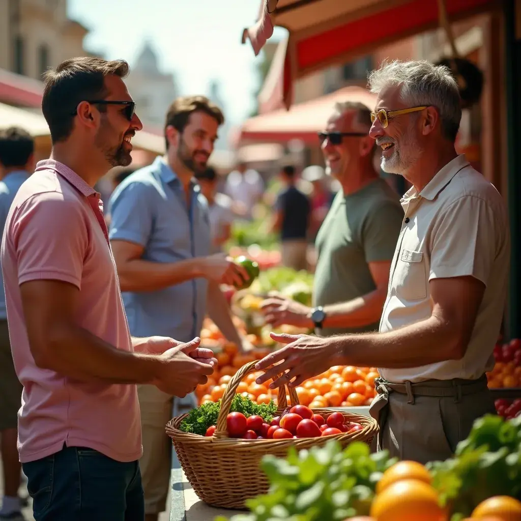 Grupo de hombres conversando sobre bienestar hormonal.
